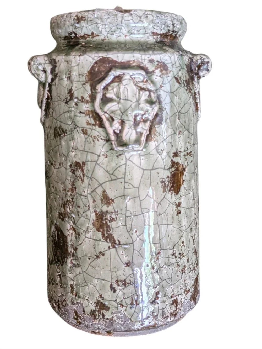 French Crackle Glaze Stoneware Vase - Distressed Green Fleur De Lis Decor Farm
